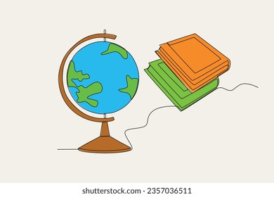 Color illustration of a globe and two textbooks. School equipment one-line drawing