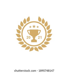 Color illustration of a gold cup, laurel wreath, stars on a white background. Vector illustration for logo, emblem, badge, sticker. Sports symbols.
