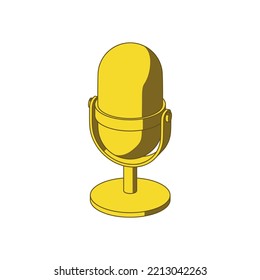 Color illustration. Golden microphone on a white background. Vector graphics. Design element for poster, banner, sticker, badge, icon, emblem, print. Musical subject. Stylized illustration.