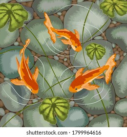 Color illustration with goldfish in a pond.Goldfish on a background of stones.