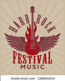 Color illustration of a guitar on fire and text in vintage style. Poster advertising rock music festival