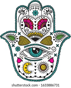 Color illustration of Hamsa with boho pattern. Sketch of tattoo