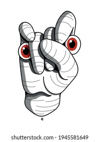 color illustration of a hand with eyes simulating a face