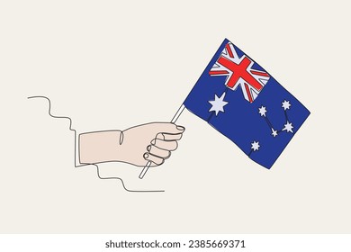 Color illustration of a hand holding the Australian flag. Australia day one-line drawing
