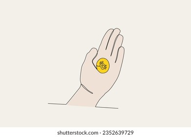 Color illustration of a hand holding a Bitcoin. Bitcoin one-line drawing