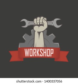 Color illustration of the hand holding a key, a banner with text and a circular saw. Workshop logo