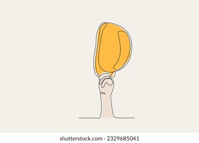 Color illustration of a hand raised in a colored helmet. Labor Day one-line drawing