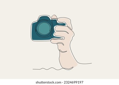 Color illustration of a hand shooting a picture. World photography day one-line drawing