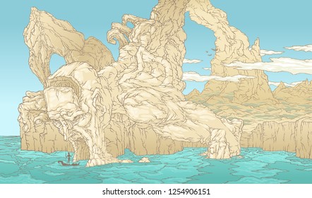 Color illustration of handwork drawing of a rocky island. Mystical rocks and mountains in the form of a giant skeleton. Boat gondola cave skull bay.