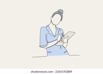 Color illustration of a happy working woman. Dia de la mujer emprendedora one-line drawing