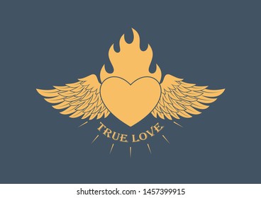 Color illustration of a heart in fire and wings with text. Vector illustration on the theme of love