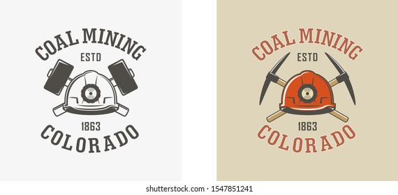 Color illustration of a helmet, hammer, pickaxe and text on the background. Vector illustration of a coal mining company logo.