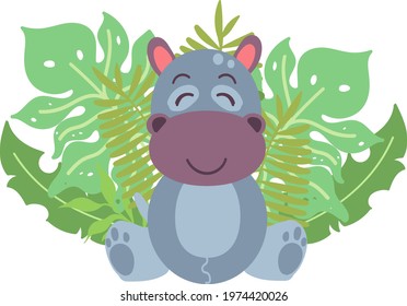 Color illustration of hippopotamus and plants. Idea for website design, 
for blogs, for print.