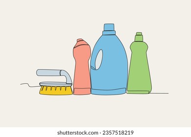 Color illustration of household cleaning tools. Cleaning supplies one-line drawing