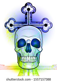  color illustration of a human skull with a cross on a textured background