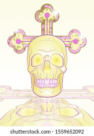 color illustration of a human skull with a cross on a textured background