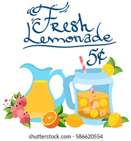 The color illustration with the image of lemonade made from natural fruits. Vitaminized drink.