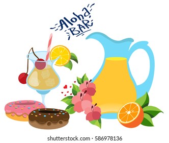 The color illustration with the image of lemonade made from natural fruits. Vitaminized drink and desserts.