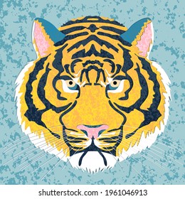 Color illustration with the image of a tiger's face in a unique style. Using a texture. Print or postcard.