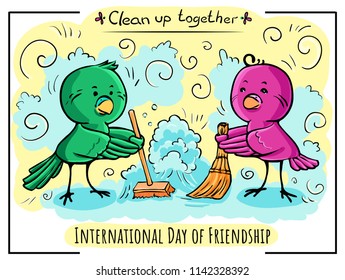 Color illustration International day of friendship Birds clean up