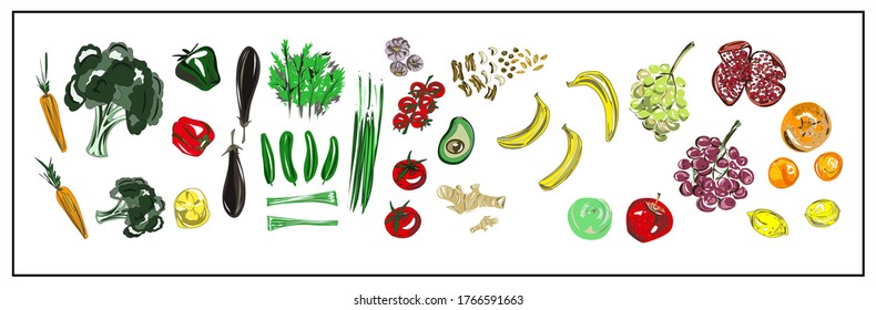 Color illustration of isolated fruits and vegetables on a white background. Broccoli. Onion. Dill. Tomatoes Cucumbers Avocado. Bananas Lemons. Oranges. Grapes Pepper. Eggplant. Vegan. Vegetation.