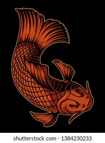Color illustration of a koi carp on the dark background. Can be used as an element in the design or as a finished illustration.