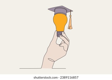 Color illustration of a lamp wearing a graduation cap. International day of education one-line drawing