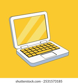 Color illustration laptop on background.Vector graphics.Image is made in retro style on yellow background for logo, poster, banner, sticker.Tool for work and communication in social environment.