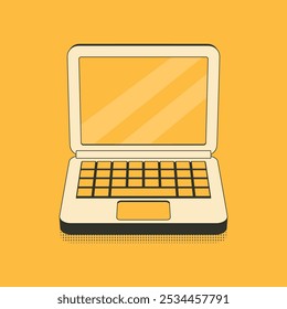 Color illustration of a laptop on a yellow background. Vector graphics. The stylized image is made for a logo, icon, poster, banner, sticker. A tool for work and communication in a social environment.