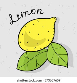 Color illustration Lemon with caption fruit name on a gray scratched background.