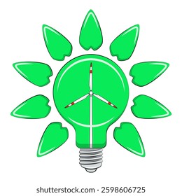 Color illustration with light bulb, wind turbine and leaves, green energy. Isolated vector object on white background.