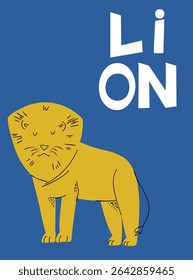 Color illustration of a lion with sign. Vector illustration. Suitable for banner, postcard or poster.