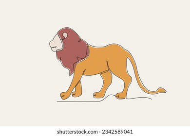 Color illustration of a lion walking in the forest. World animal day one-line drawing