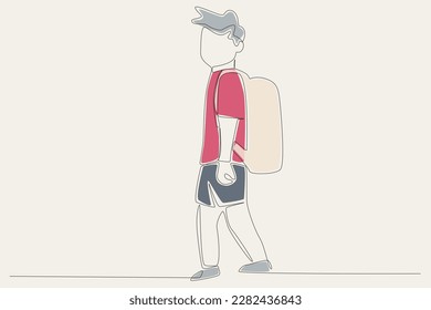 Color illustration of a little boy looking for shelter. Refugee one-line drawing