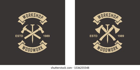 Color illustration of a logo of a workshop of wooden products. Vector illustration of a nail ax and banner with text on a black background