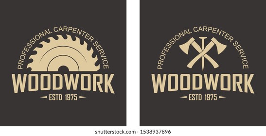 Color illustration logo of a workshop of wooden products. Vector illustration of crossed axes, nail, circular saw and text on a black background
