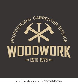 Color illustration logo of a workshop of wooden products. Vector illustration of a nail, hammers crossed and text on a black background. The illustration advertises the production, service and tinning