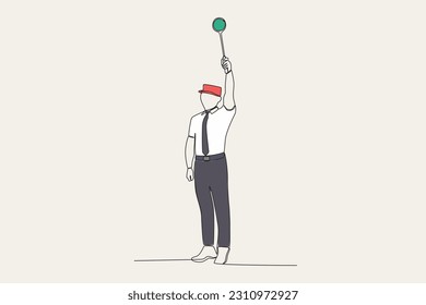 Color illustration of a machinist giving a sign. Train station activities one-line drawing