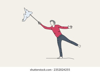 Color illustration of a man being attacked by a storm. Hurricane one-line drawing