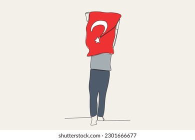 Color illustration of a man carrying a Türkiye flag. 15 Temmuz one-line drawing