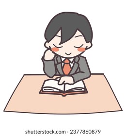 Color illustration of a man in a cute deformed suit reading at a table.
