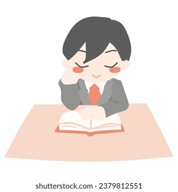 Color illustration of a man in a cute deformed suit reading at a table. - Powered by Shutterstock - Get 15% off with code: PIKWIZARD15