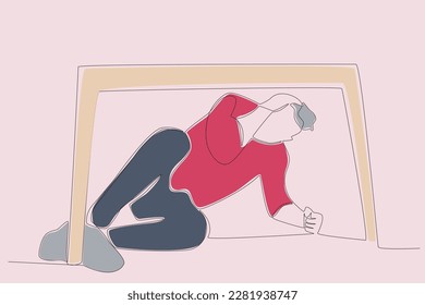 Ilustración de color de un hombre que cae durante un terremoto. Dibujo de una línea del terremoto
