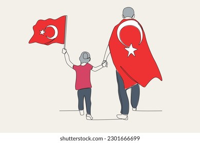 Color illustration of a man and his son celebrating 15 Temmuz. 15 Temmuz one-line drawing