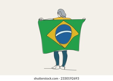 Color illustration of a man holding a Brazilian flag. 7 de setembro one-line drawing