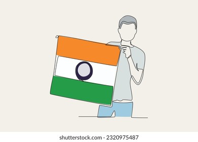 Color illustration of a man holding an Indian flag. India independence day one-line drawing