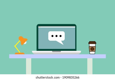 Color illustration of man in laptop, quarantined, working from home, on green background, vector illustration