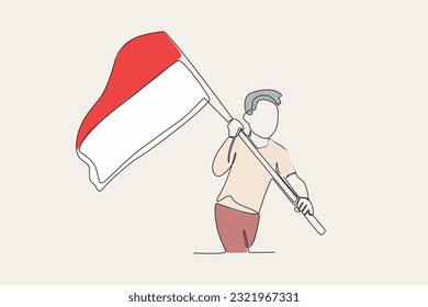 Color illustration of a man running with a flag. Indonesia independence day one-line drawing
