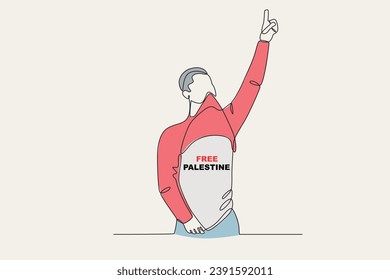 Color illustration of a man saving Palestine. Palestine solidarity one-line drawing