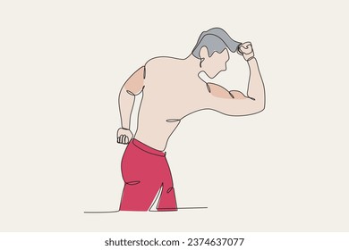 Color illustration of a man showing his biceps. Bodybuilding one-line drawing